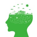 Silhouette of a human head with a brain in the form of gears. Green city with renewable energy sources. Ecology idea. Think green Royalty Free Stock Photo