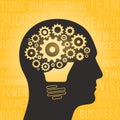 Silhouette of a human head with brain, gears and light bulb. Royalty Free Stock Photo