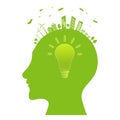 Silhouette of a human head with electric lamp inside. Ecological idea. Green city with renewable energy sources. Think green.