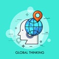 Silhouette of human head, gear wheel, globe and location mark on it. Concept of global thinking, international knowledge Royalty Free Stock Photo