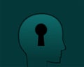 Silhouette of human head with keyhole. Key to human mind.