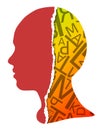 Silhouette of human head, letters scattered chaotic