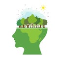 Silhouette of a human head with a natural landscape on it. Green trees, clouds and flying birds. Earth day. Think green Royalty Free Stock Photo