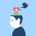 Silhouette of human head opened with heart shape flower bloom inside. Mental health concept vector illustration. World mental heal