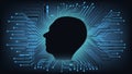 Silhouette of human head in profile in center of circuit board tracks on blue background. Human digitalization Royalty Free Stock Photo