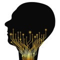 Silhouette of human head in profile with circuit board tracks going up neck isolated on white background. Human digitalization Royalty Free Stock Photo