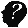Silhouette of human head in profile with question mark in brain isolated on white background. Design element Royalty Free Stock Photo