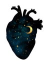 Silhouette of human heart with universe inside. Crescent moon and stars. Sticker, print or tattoo design vector illustration isola Royalty Free Stock Photo