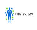 Silhouette of human with lungs and around him viruses and microbes, logo design. Healthcare, health, medicine and science, vector