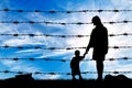 Silhouette of hungry refugees mother and child Royalty Free Stock Photo