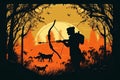 Silhouette hunter with bow and arrow on nature background, vector illustration Royalty Free Stock Photo