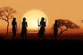 silhouette of hunter in savanna at sunset. vector illustration, Silhouettes of african aborigines at sunset. Female tribe members Royalty Free Stock Photo