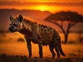 Silhouette of a hyena against a bright sunset on the African plains