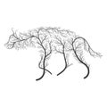 Silhouette of a hyena stylized by bushes on a white background.
