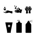 Silhouette of hygienic and sanitation icon set. included the icon as hand, washing, clean, Tube hand wash, Bottle hand washing liq Royalty Free Stock Photo