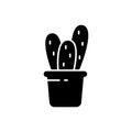 Silhouette icon of Cereus cactus with triple shoots, spines in pot. Black illustration of houseplant, botany, plant care. Royalty Free Stock Photo