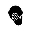 Silhouette icon of Cover mouth with hand while sneezing, touch face or not talk. Outline illustration of yawn out of boredom,