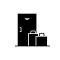 Silhouette icon, no touch delivery. Front door and shopping bag. Outline illustration of online buying food, things with courier