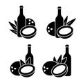 Silhouette icon set of coconut water, milk or butter. Bottle, tropical fruit, leaves. Outline emblem of drink, massage oil Royalty Free Stock Photo