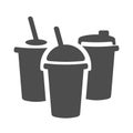 Silhouette icon of three disposable take out cups with different tops and straws. Liquid container. Vector illustration isolated