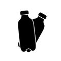 Silhouette icon of two PET bottles. Hand drawn simple illustration of plastic container for water, liquid, oil. Black isolated