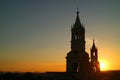 Silhouette of the Iconic Bell Tower of Basilica Cathedral of Arequipa against the Setting Sun, Peru Royalty Free Stock Photo