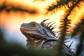 silhouette of iguana against sunset in a cypress Royalty Free Stock Photo