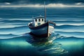 Illustration of lone boat out at sea under dark sky Royalty Free Stock Photo