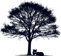 Cat Resting Under a Tree Silhouette Royalty Free Stock Photo