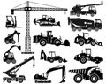 Set of black silhouettes heavy construction and mining machines in flat style on the white background. Building Royalty Free Stock Photo