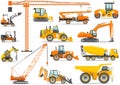 Set of detailed heavy construction and mining machines in flat style on the white background. Building machinery Royalty Free Stock Photo