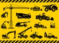 Set of detailed heavy construction and mining machines in flat style on the yellow background. Building machinery. Special equipme Royalty Free Stock Photo