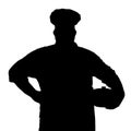 Silhouette of plump chef with cauldron under his arm on a white isolated background