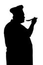 Silhouette illustration of a chief-cooker with spoon, cooker tasting dish on a white isolated background, profile of a male in hat