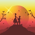 silhouette illustration of romantic couple have proposal of marriage on the cliff