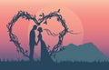 silhouette illustration of romantic couple have proposal of marriage.