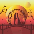 silhouette illustration of romantic couple kissing on the bridge