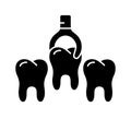 Silhouette illustration. Row of teeth, removal with dental tweezers of diseased tooth. Outline icon. Cardinal treatment procedure