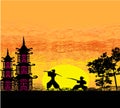 Silhouette illustration of two ninjas in duel Royalty Free Stock Photo