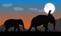 Silhouette image Black elephant with Elephant mahout walking at the forest with mountain and Moon background Evening light vector