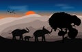 Silhouette image Black elephant with Elephant mahout walking at the forest with mountain and sunset