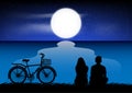 Silhouette image A couple man and women sitting at the beach with Moon in the sky at night time design vector illustration Royalty Free Stock Photo