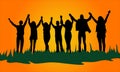 Silhouette image of group of young people holding hands up, friendly cheerful company