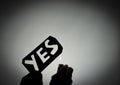 Silhouette image of a person holing a up a paper with the word yes with a lighter close to it Royalty Free Stock Photo