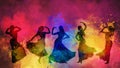 Silhouette of Indian dancer with multiple poses on background of explosive multi-colored powder for Holi festival celebrations