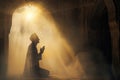 Silhouette of Indonesian Muslim man praying in the mosque