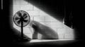 Silhouette of an Inducer Fan Casting a Dark Shadow on a Gray Wall With Sharp Light and Geometric Shapes in an Industrial Royalty Free Stock Photo