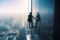 Silhouette of industrial climber washes windows on a tall building