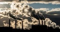 A silhouette of an industrial complex belches smoke into the air, emphasizing the impact of emissions and pollution on the Royalty Free Stock Photo