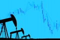 Silhouette industrial oil pump jack and falling oil graph on the blue background